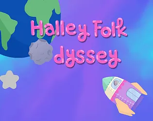 The HalleyFolk Odyssey title screen, showing a town on a comet