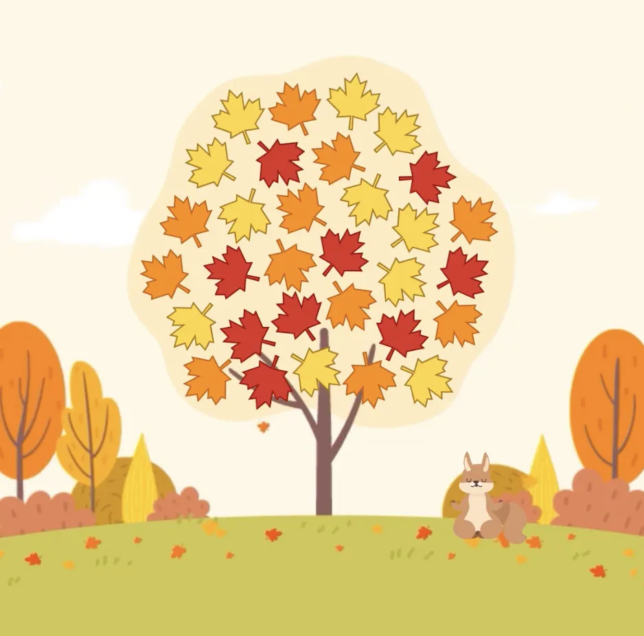 An autumn scene from Walktober with a colorful tree and a squirrel
